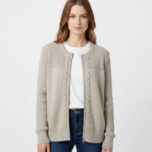 St. John Beige Zip-Up Yellow Label Cable Knit Cardigan Sweater Large